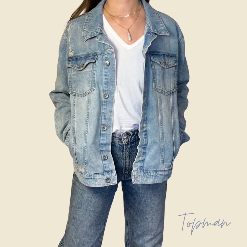 🩵 Topman Distressed Denim Jacket – Size XL (Unisex Fit)